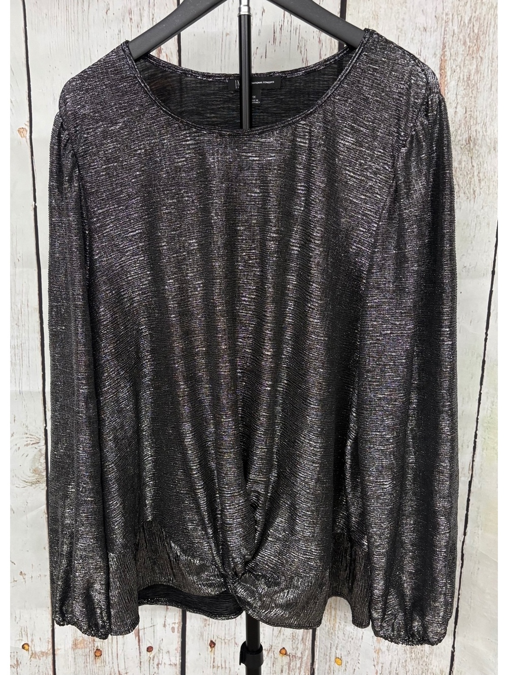 INC Women’s Black And Silver Metallic Shimmer Twist Front Top Plus Size 1X